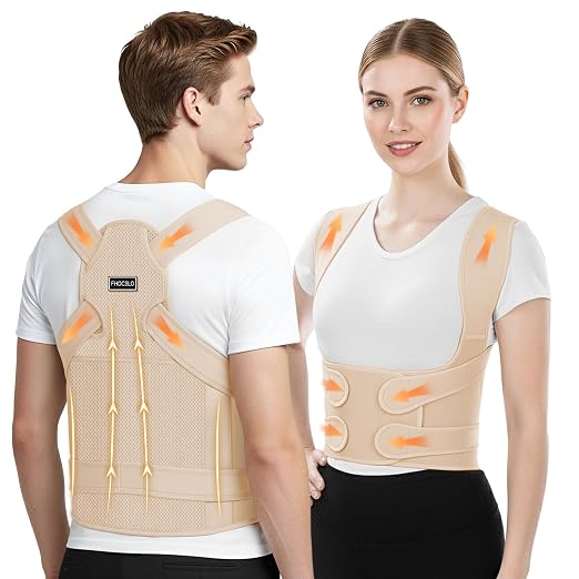 FHOCSLO Back Brace Posture Corrector Women and Men, Adjustable Shoulders Straightener - Breathable Upper Lower Back Support Belt Strap for Relieve Pain, Hunchback and Scoliosis (Nude, S)